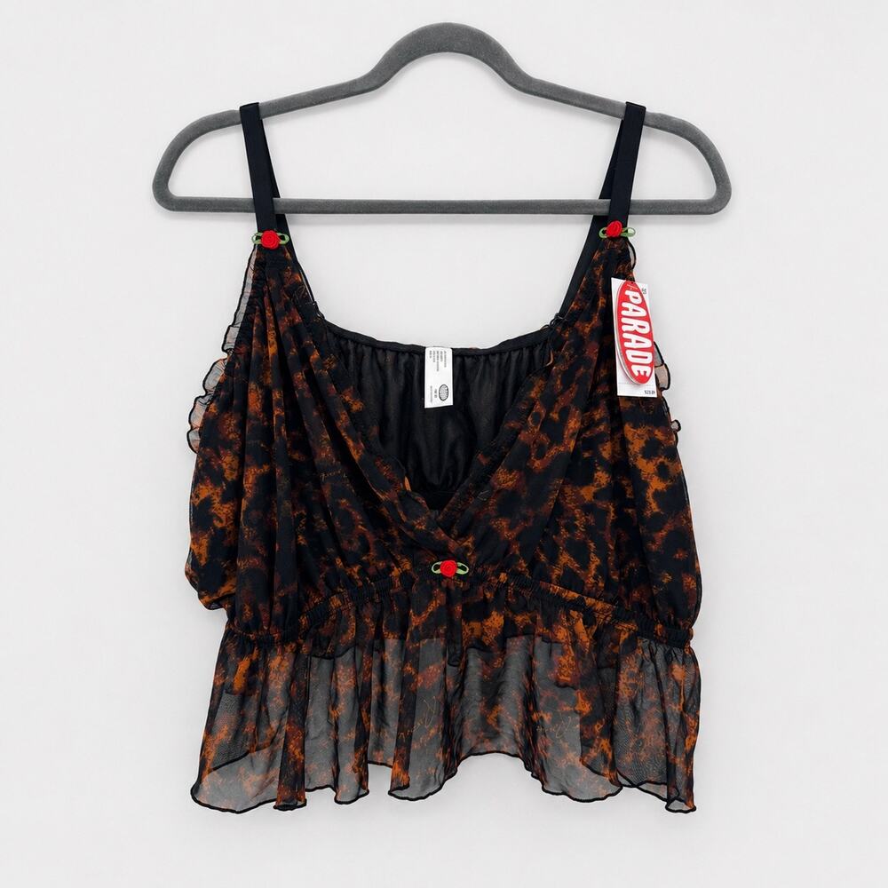 Parade Womens 3XL Leopard Print Chiffon Cami Top Sheer Ruffle Cherry Charms